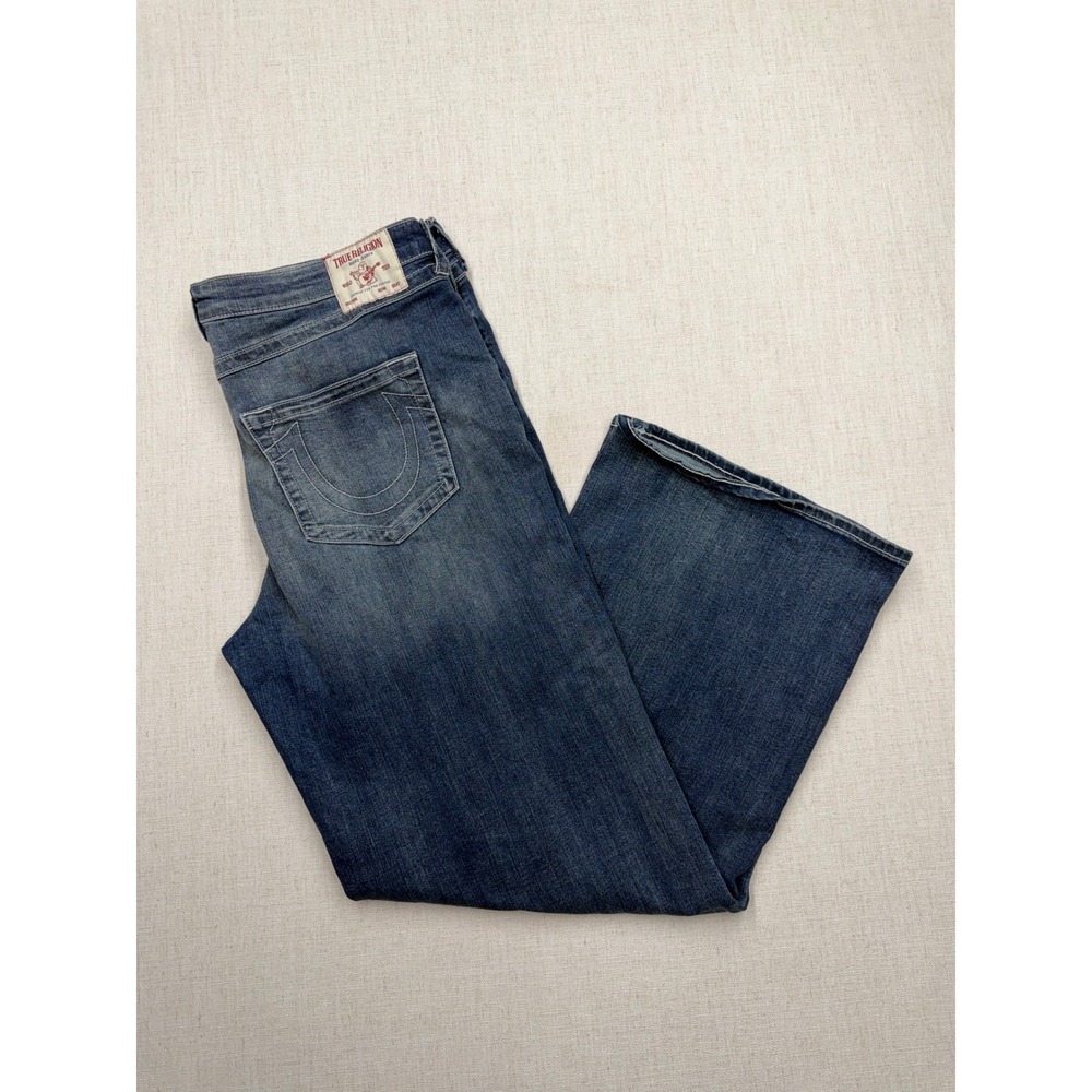 True Religion Bobbi Baggy Wide Leg Jeans Blue Denim Whiskered Size 34